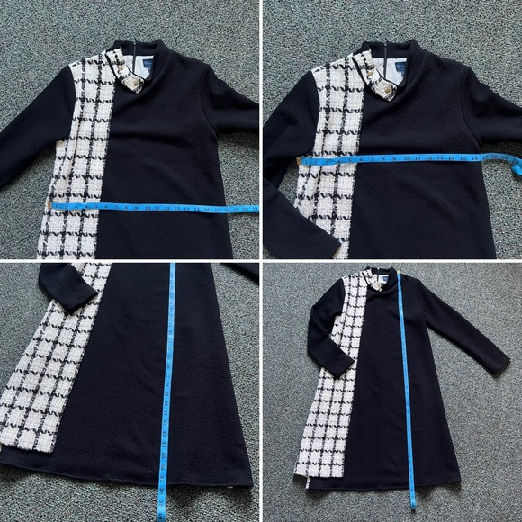 White Gold Tweed & Black Colorblock Mockneck Thick Modest Formal Pencil Dress S - Picture 16 of 16